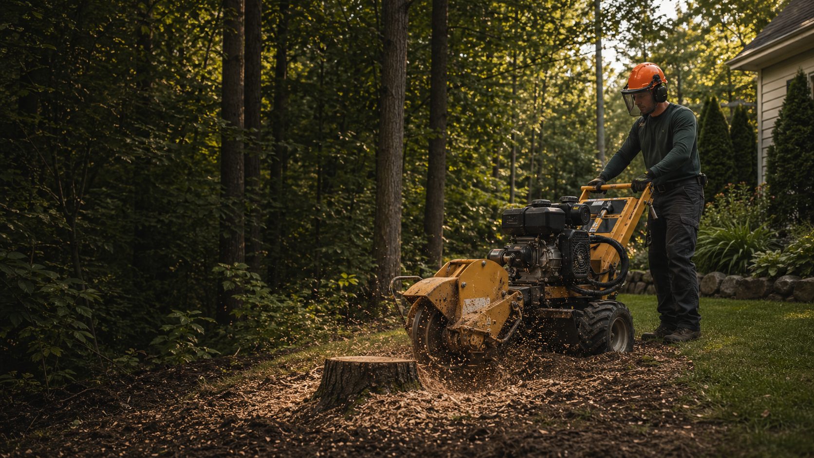 Machinerie d'essouchage sur un terrain résidentiel